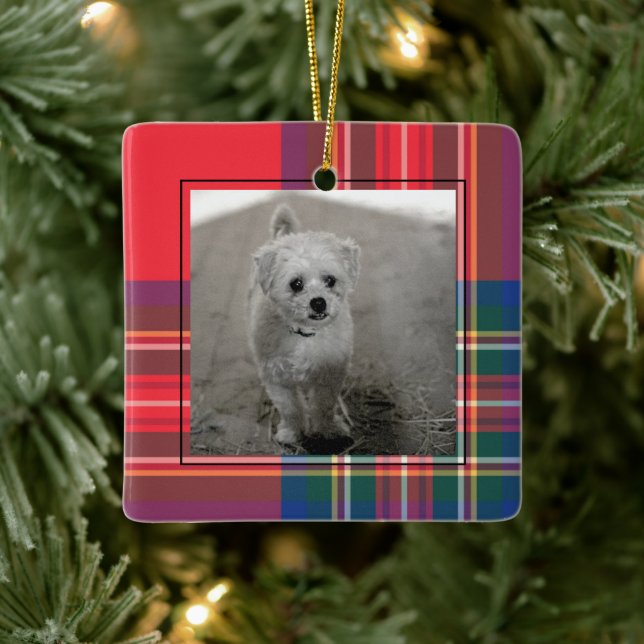 Adorno De Cerámica Classic Red Tartan Plaid Christmas Photo Modern Ce (Árbol)