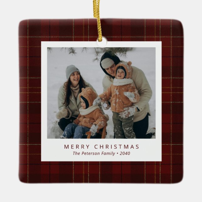 Adorno De Cerámica Classic Red Tartan Plaid Family 4 Photo Holiday (Anverso)