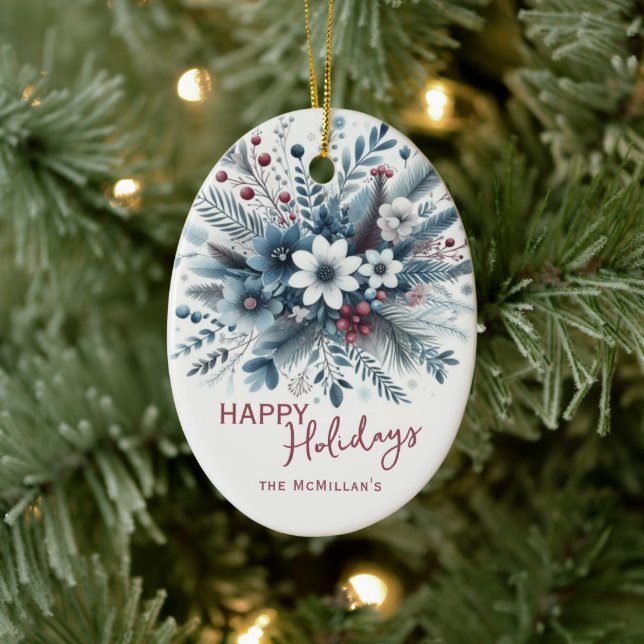 Adorno De Cerámica Classy Dark Teal Blue Red Floral Holiday Wreath (Árbol)