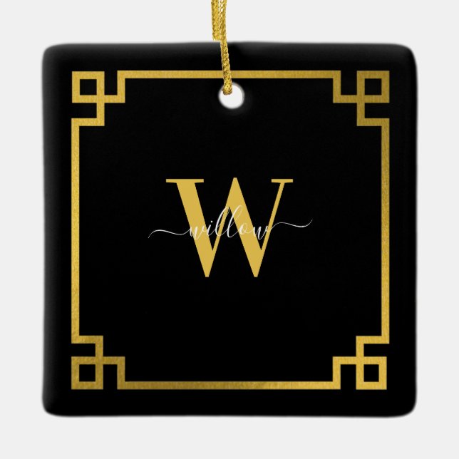 Adorno De Cerámica Clave griega negra y dorada monogramada (Anverso)
