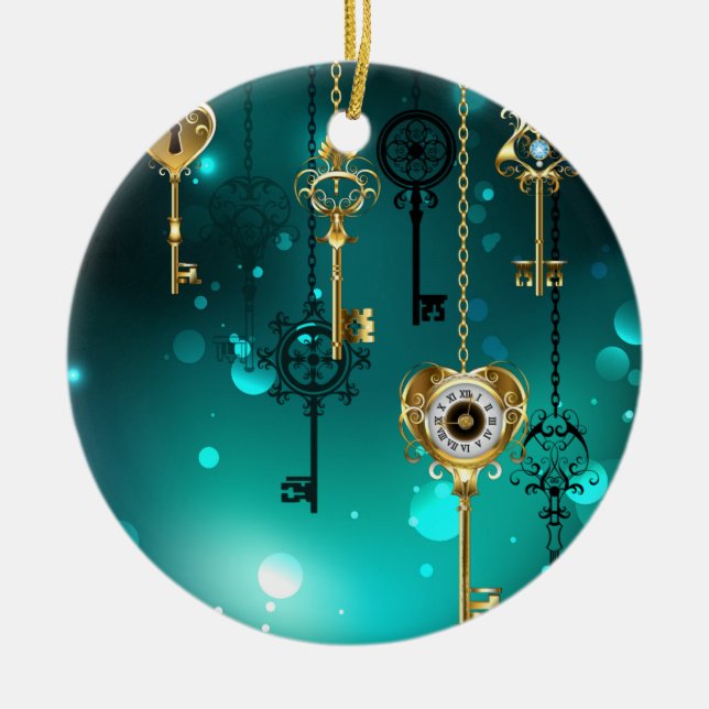 Adorno De Cerámica Claves de esqueleto antiguas sobre fondo verde (Frente)