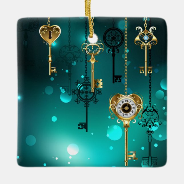 Adorno De Cerámica Claves de esqueleto antiguas sobre fondo verde (Anverso)