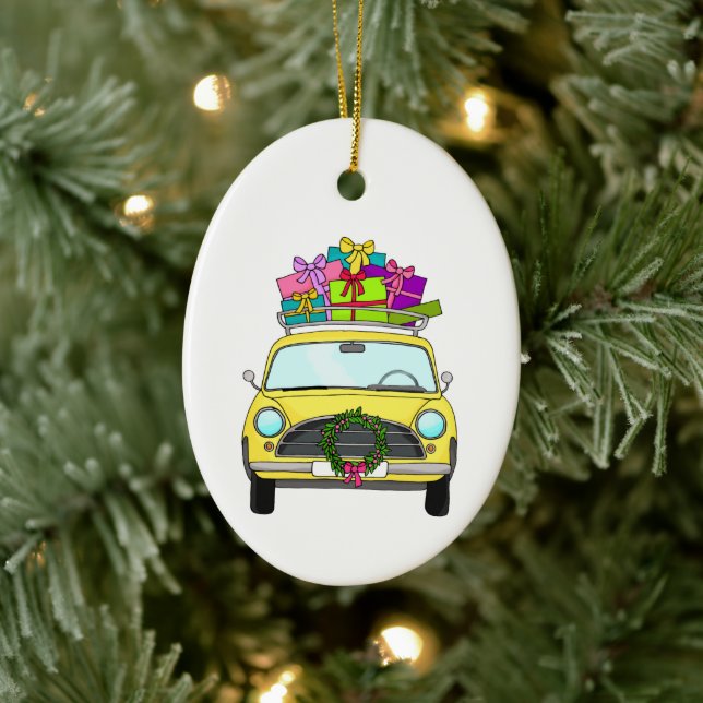 Adorno De Cerámica Coche amarillo con regalos de Navidades (Árbol)
