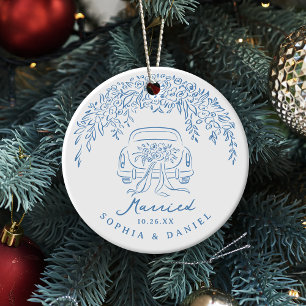 Adorno De Cerámica Coche Azul Caprichoso Nuestro Primer Navidad Casad