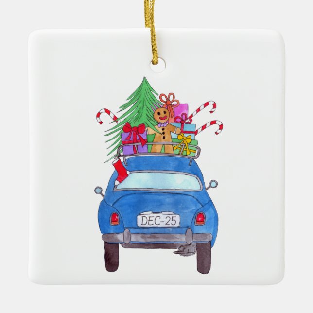 Adorno De Cerámica Coche azul con Navidades y acuarela (Anverso)