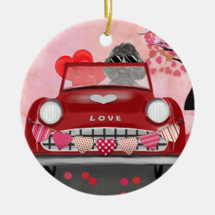 Adorno De Cerámica Coche de perro caniche con corazones de San Valent