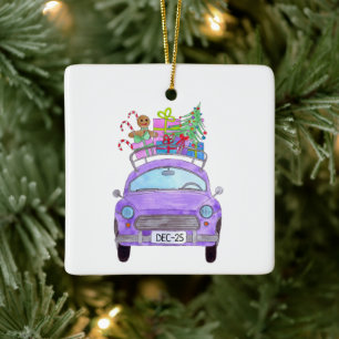 Adorno De Cerámica Coche púrpura con Navidades Regalos acuarela