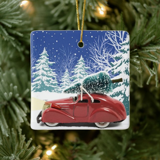 Adorno De Cerámica Coche rojo con árbol de Navidad en el techo