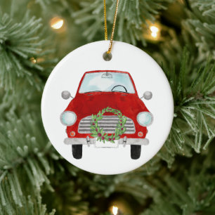 Adorno De Cerámica Coche rojo con flores de Navidad
