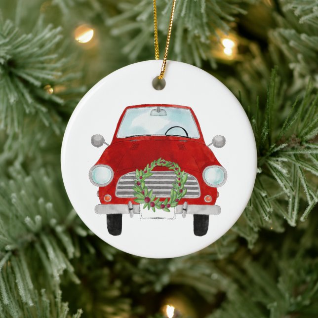 Adorno De Cerámica Coche rojo con flores de Navidad (Árbol)