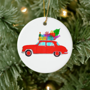 Adorno De Cerámica Coche rojo con Navidades dones color de agua
