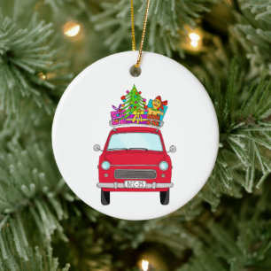 Adorno De Cerámica Coche rojo con regalos de Navidades