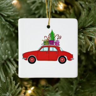 Adorno De Cerámica Coche rojo con regalos de Navidades