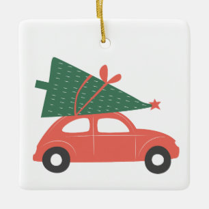 Adorno De Cerámica Coche Rojo Vintage con Árbol de Navidad Nombre Per