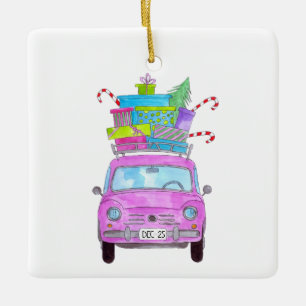Adorno De Cerámica Coche rosa con Navidades y acuarela