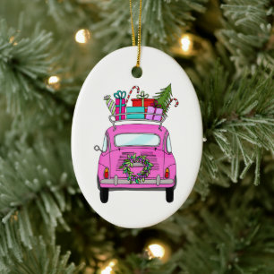 Adorno De Cerámica Coche rosa con regalos de Navidades