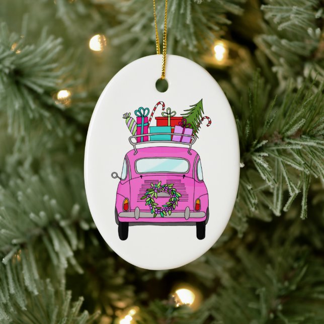 Adorno De Cerámica Coche rosa con regalos de Navidades (Árbol)