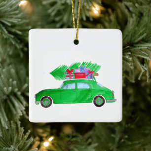 Adorno De Cerámica Coche verde con acuarela de regalos para Navidades