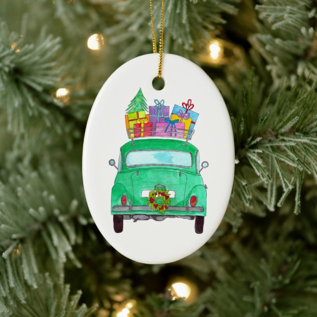 Adorno De Cerámica Coche verde con acuarela de regalos para Navidades (Árbol)