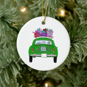 Adorno De Cerámica Coche verde con regalos de Navidades