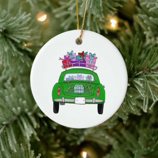 Adorno De Cerámica Coche verde con regalos de Navidades (Árbol)