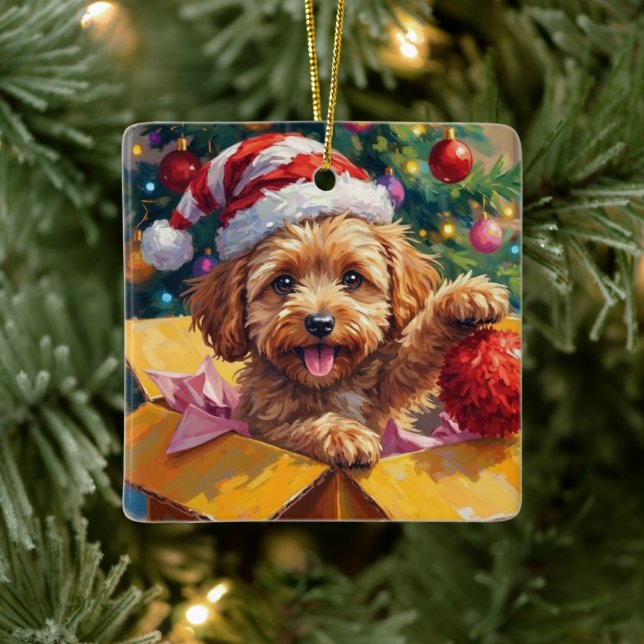 Adorno De Cerámica Cockapoo Dog Christmas Gift Box Surprise (Árbol)