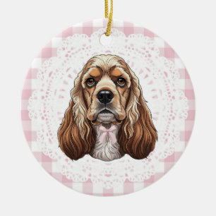 Adorno De Cerámica Cocker Spaniel Coquette Perro Lazos de Gingham Ros