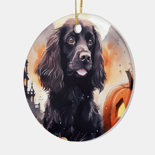 Adorno De Cerámica Cocker Spaniel de Halloween con calabazas (Izquierda)