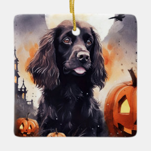 Adorno De Cerámica Cocker Spaniel de Halloween con calabazas