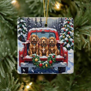 Adorno De Cerámica Cocker Spaniel Navidad Camión Rojo Fiesta