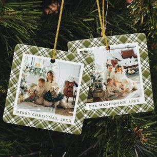 Adorno De Cerámica Colage de Fotos Familiares de Navidad en Verde Pla