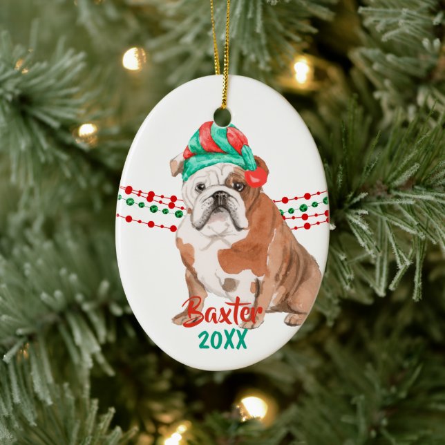 Adorno De Cerámica Colas de cuerdas navideñas de bulldog Santa Hat (Árbol)