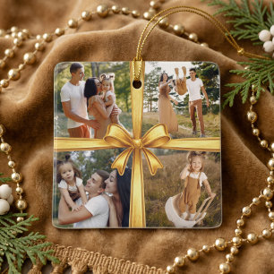 Adorno De Cerámica Colgante de 4 Fotos Personalizado con Lazo Dorado