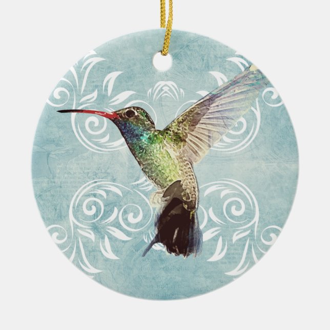Adorno De Cerámica Colibrí con fondo floreciente (Frente)
