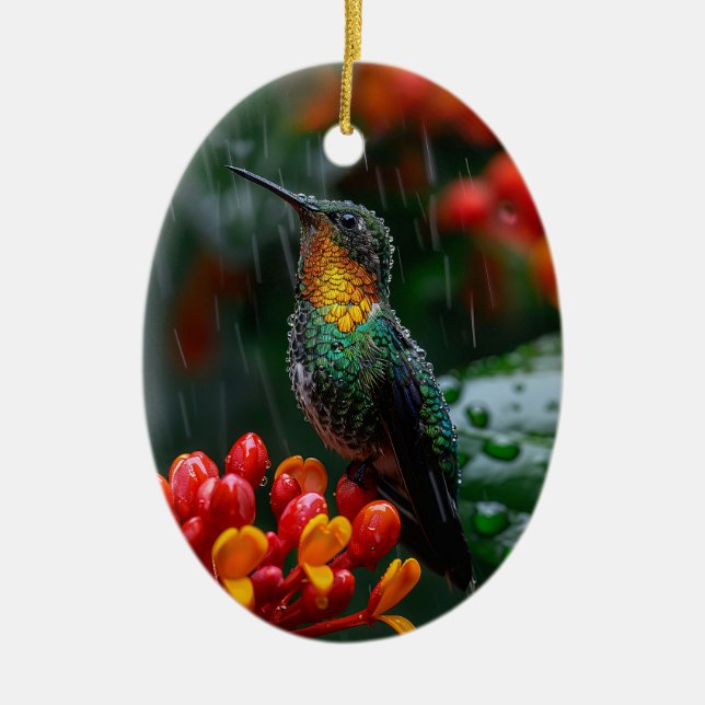 Adorno De Cerámica Colibrí encaramado en flor brillante (Frente)