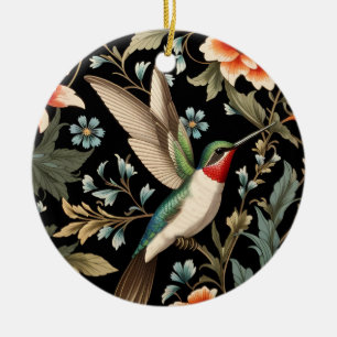 Adorno De Cerámica Colibrí Hermoso sobre Fondo Floral Oscuro
