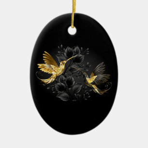 Adorno De Cerámica Colibrí negro y dorado