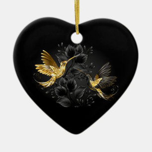 Adorno De Cerámica Colibrí negro y dorado