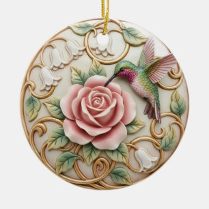 Adorno De Cerámica Colibrí Vintage Rosa Floral Victoriana