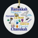 Adorno De Cerámica Collage Chanukah/Enciende las luces<br><div class="desc">El ornamento de Chanukah presenta símbolos y palabras para la festividad. En la parte posterior se lee: Enciende las luces.</div>