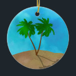 Adorno De Cerámica Collage de color Palm Tree Beach Ceramic O<br><div class="desc">Ornamento en una escena de playa de palmeras tropicales,  arena y cielo hecho de un collage digital de acuarelas e imágenes estampadas</div>