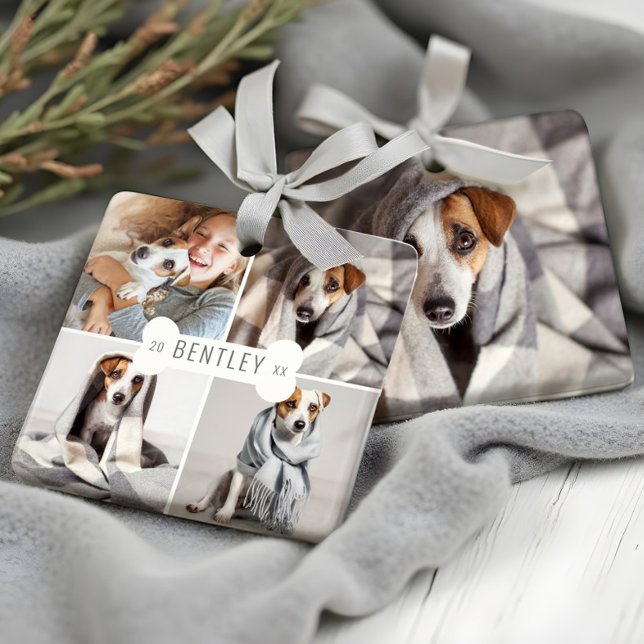 Adorno De Cerámica Collage de cuatro Mascotas de fotografía moderno c (Dog Bone Modern Four Photo Pet Collage Ceramic Ornament)