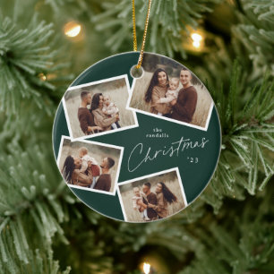 Adorno De Cerámica Collage de fotos 4 Script Moderno Verde de Navidad