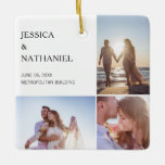 Adorno De Cerámica Collage de fotos boda | Navidades blancos<br><div class="desc">Este adorno de keepsake es un favor especial para los huéspedes bodas. El diseño presenta tres fotos sobre un fondo blanco en la parte delantera y una foto de sangrado completo en la parte posterior. Utilice la plantilla para agregar sus nombres, fecha de boda y lugar. Este adorno navideño también...</div>