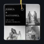 Adorno De Cerámica Collage de fotos boda | Navidades negros<br><div class="desc">Este adorno de keepsake es un favor especial para los huéspedes bodas. El diseño presenta tres fotos sobre un fondo negro en la parte delantera y una foto de sangrado completo en la parte posterior. Utilice la plantilla para agregar sus nombres, fecha de boda y lugar. Este adorno navideño también...</div>