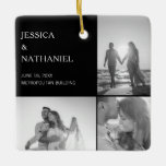 Adorno De Cerámica Collage de fotos boda | Navidades negros<br><div class="desc">Este adorno de keepsake es un favor especial para los huéspedes bodas. El diseño presenta tres fotos sobre un fondo negro en la parte delantera y una foto de sangrado completo en la parte posterior. Utilice la plantilla para agregar sus nombres, fecha de boda y lugar. Este adorno navideño también...</div>