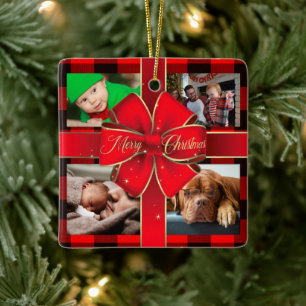 Adorno De Cerámica Collage de fotos Búfalo Plaid Merry Christmas Bow