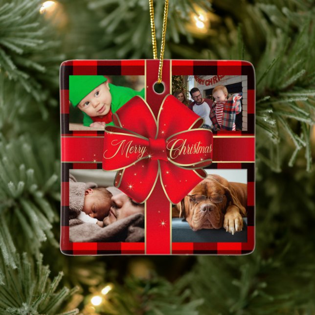 Adorno De Cerámica Collage de fotos Búfalo Plaid Merry Christmas Bow (Árbol)