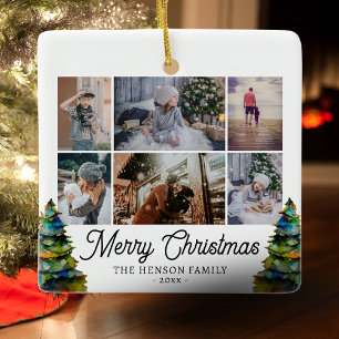 Adorno De Cerámica Collage de fotos de familia con árbol de Navidad a