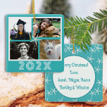 Adorno De Cerámica Collage de fotos de la familia turquesa Starfish c<br><div class="desc">Ornamento navideño turquesa con diseño de estrella y cuatro plantillas de fotos. Este adorno de árbol cuadrado y plano permite a las familias grandes compartir más fotos en un paquete pequeño. La temática tropical es azul-verde y blanca. Grandes números al frente del año están debajo de las cuatro fotos. Un...</div>